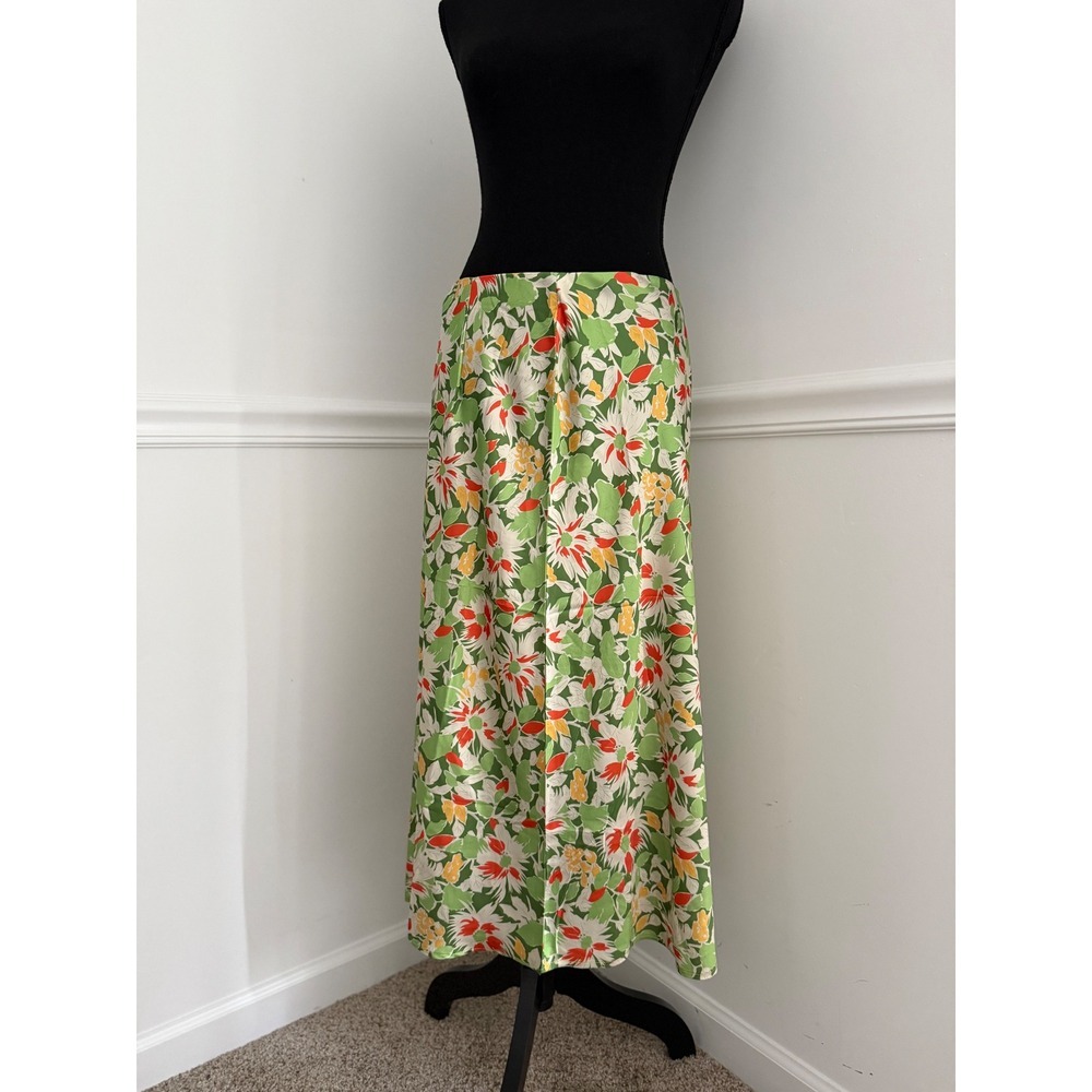 Floral maxi skirt green orange silky‎ bohemian chic summer size L